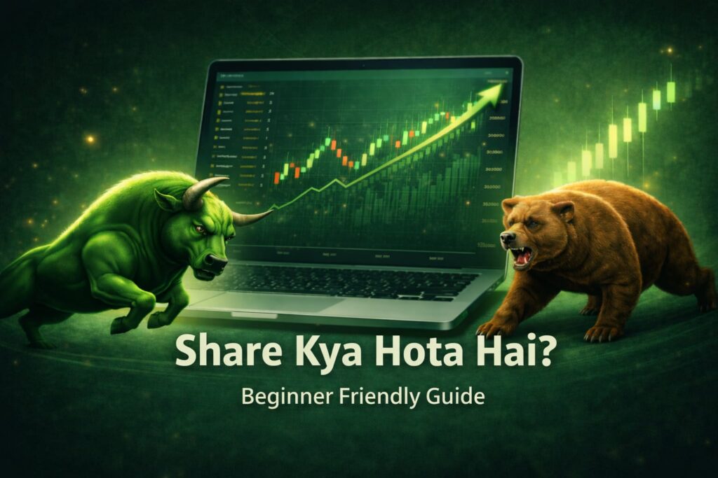 share kya hota hai stock market concept with bull bear and trading chart on laptop