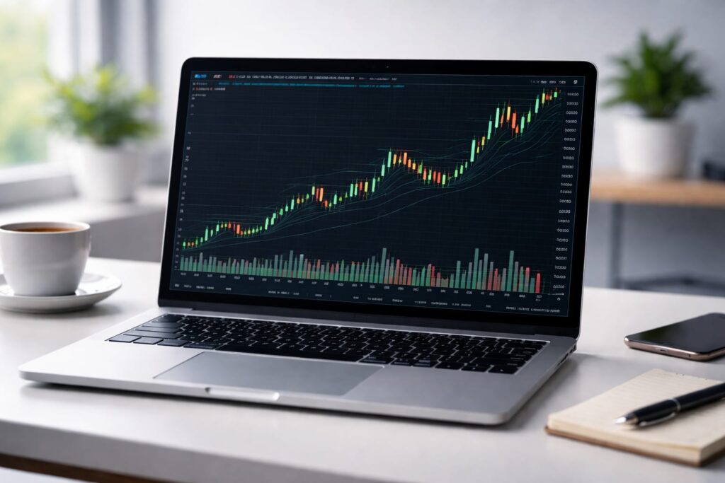 stock market candlestick chart on laptop screen